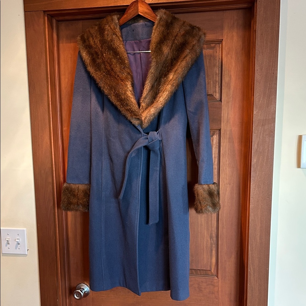 Vintage Blue Wool Coat with Faux Fur Trim
